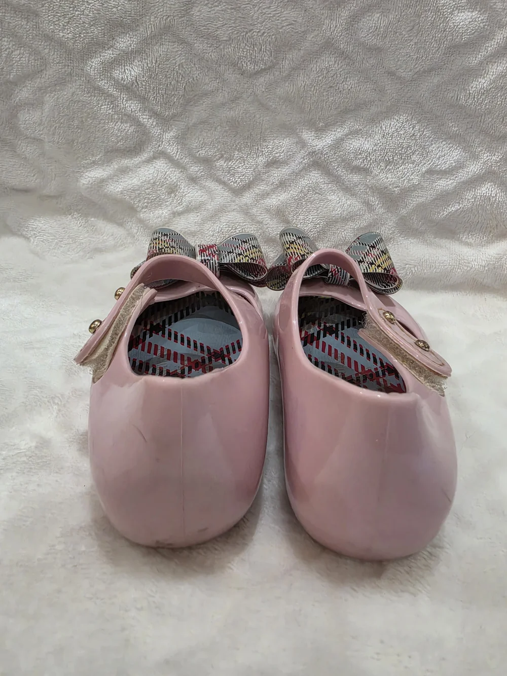 Mini Melissa Kids Sz 6 Toddler. Pre-loved. Pink w/Plaid Bow Mary Jane Flats